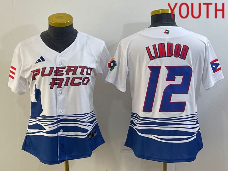 Youth 2023 World Cub Puerto Rico 12 Lindor White MLB Jersey1